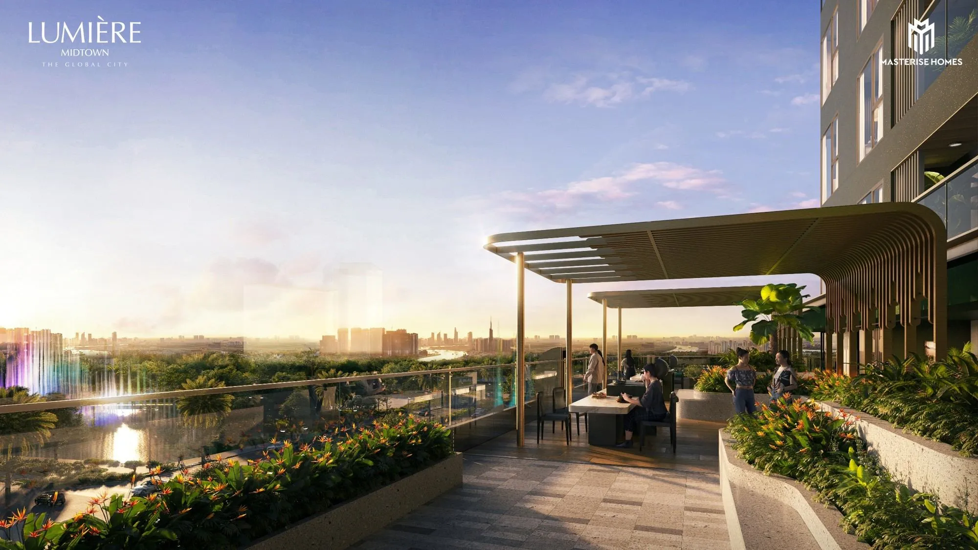 Khu BBQ có mái che tại Sky Garden Lumière Midtown lúc hoàng hôn