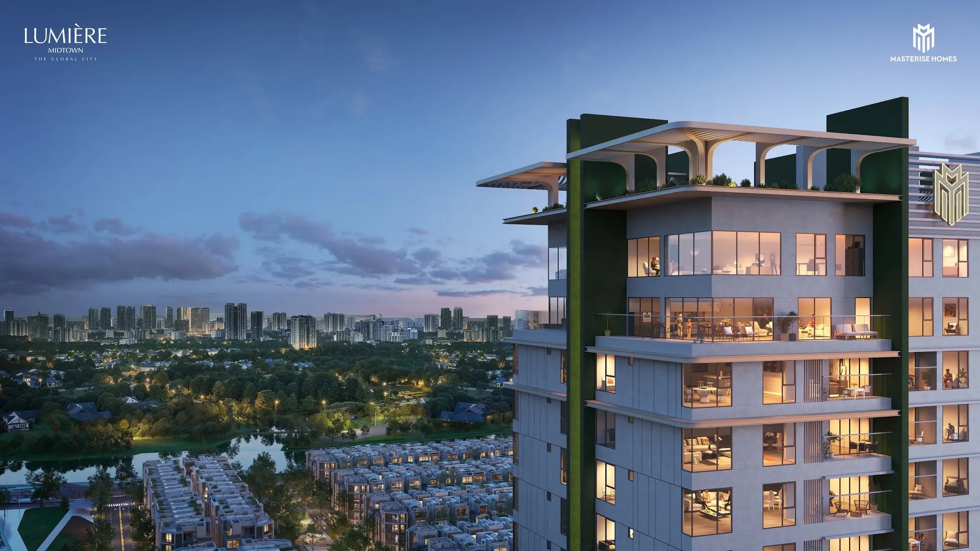 Đỉnh tháp Lumière Midtown với tầng Penthouse lúc chiều tối