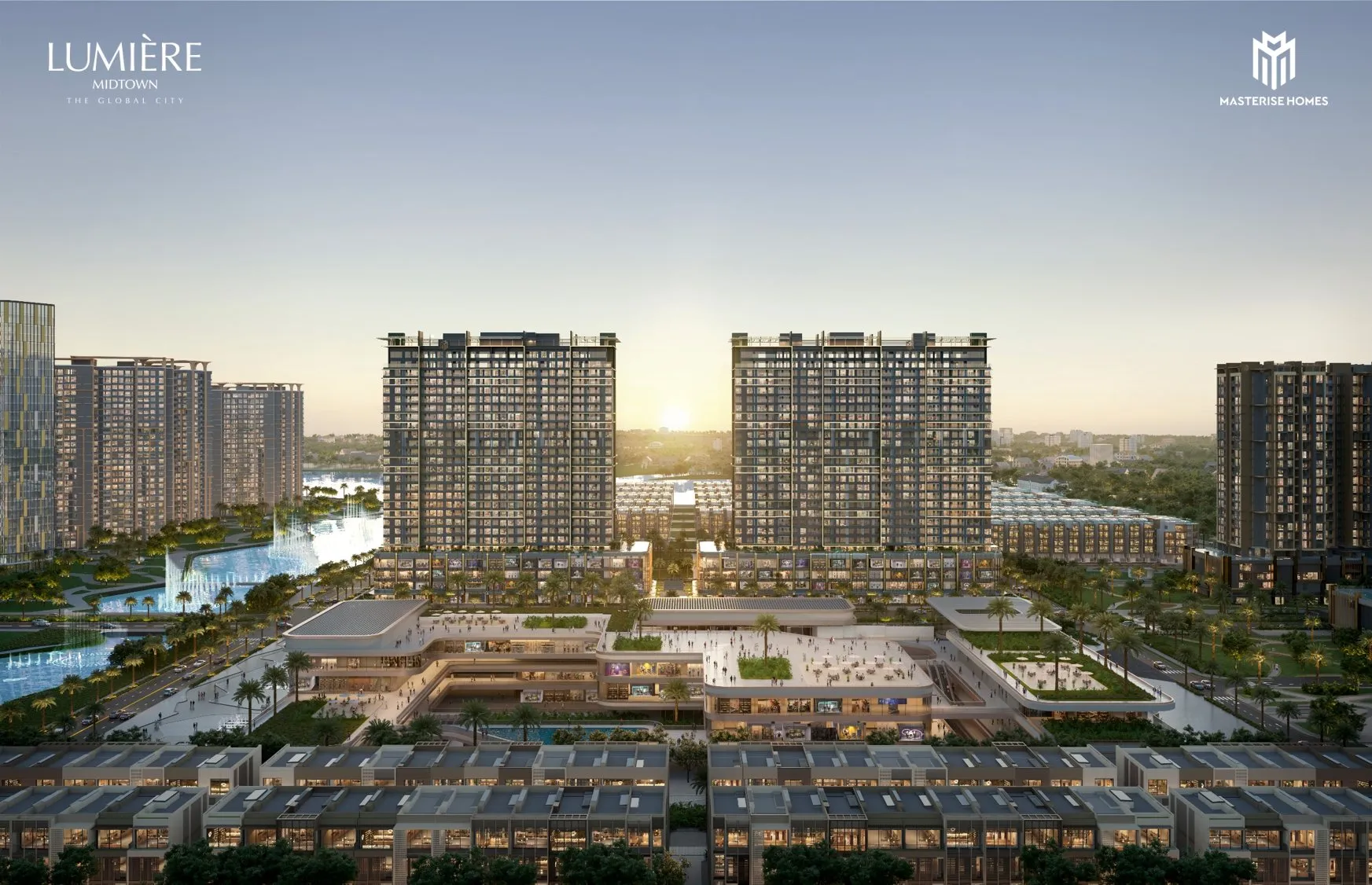 Hai tòa Lumière Midtown lúc hoàng hôn nhìn từ kênh đào