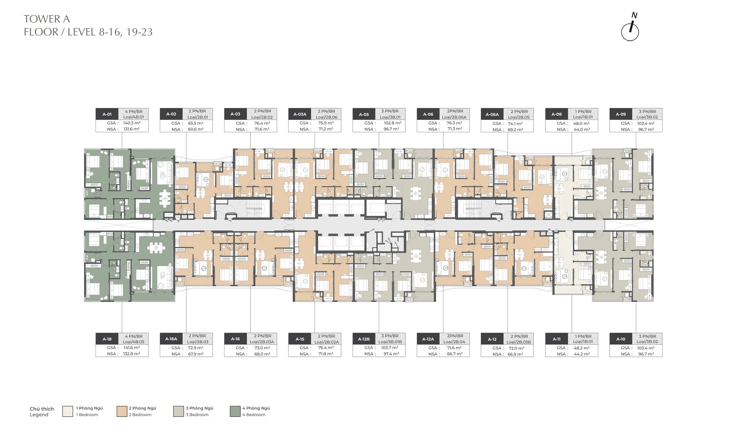 Mặt bằng tầng điển hình Tower A Lumière Midtown, tầng 8–16 và 19–23