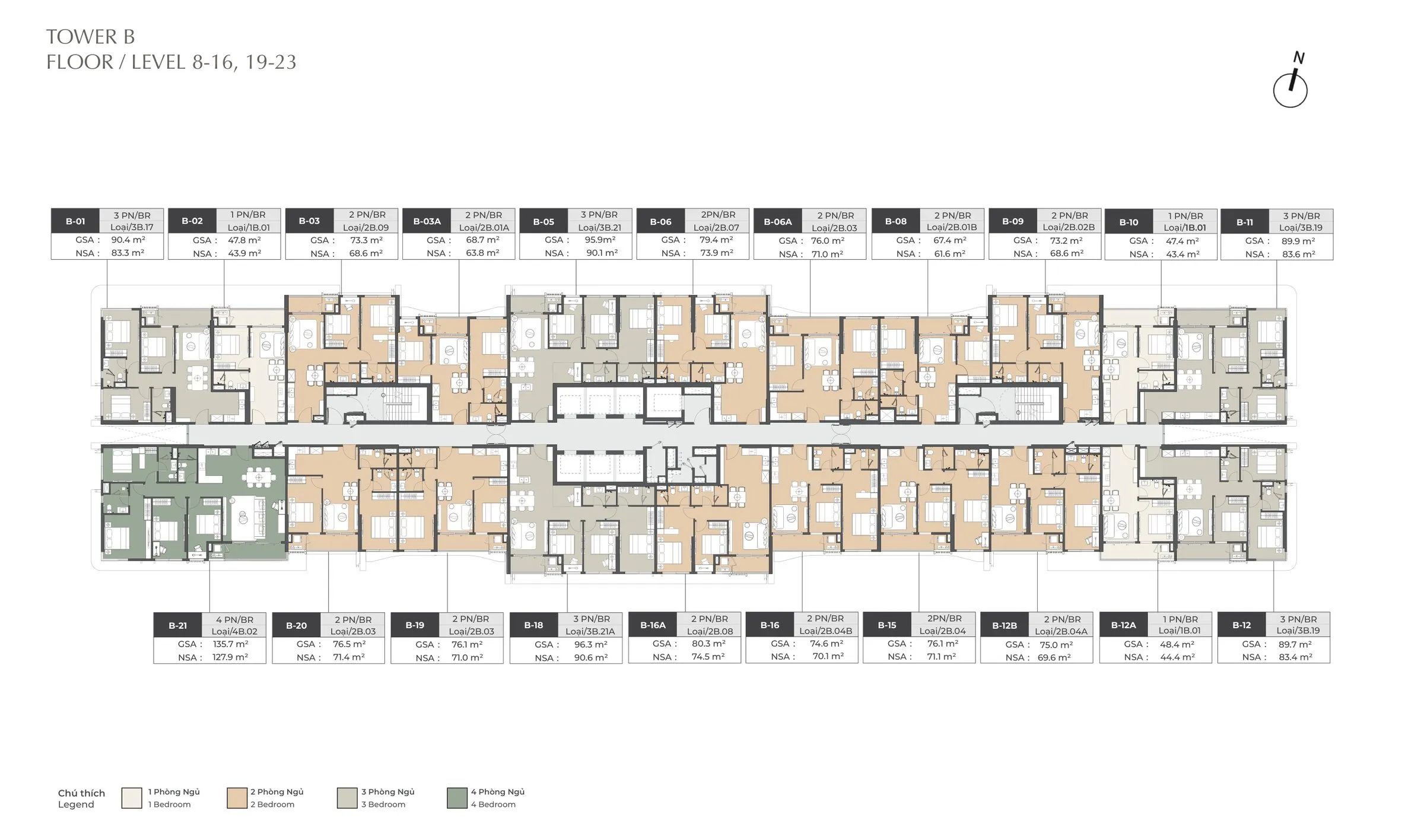 Mặt bằng tầng điển hình Tower B Lumière Midtown, tầng 8–16 và 19–23