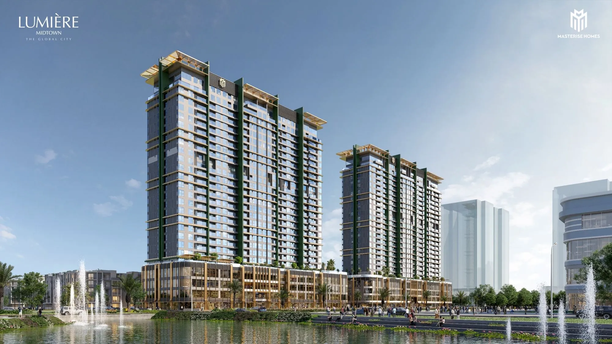 Phối cảnh hai tòa Lumière Midtown bên kênh đào nhạc nước The Global City