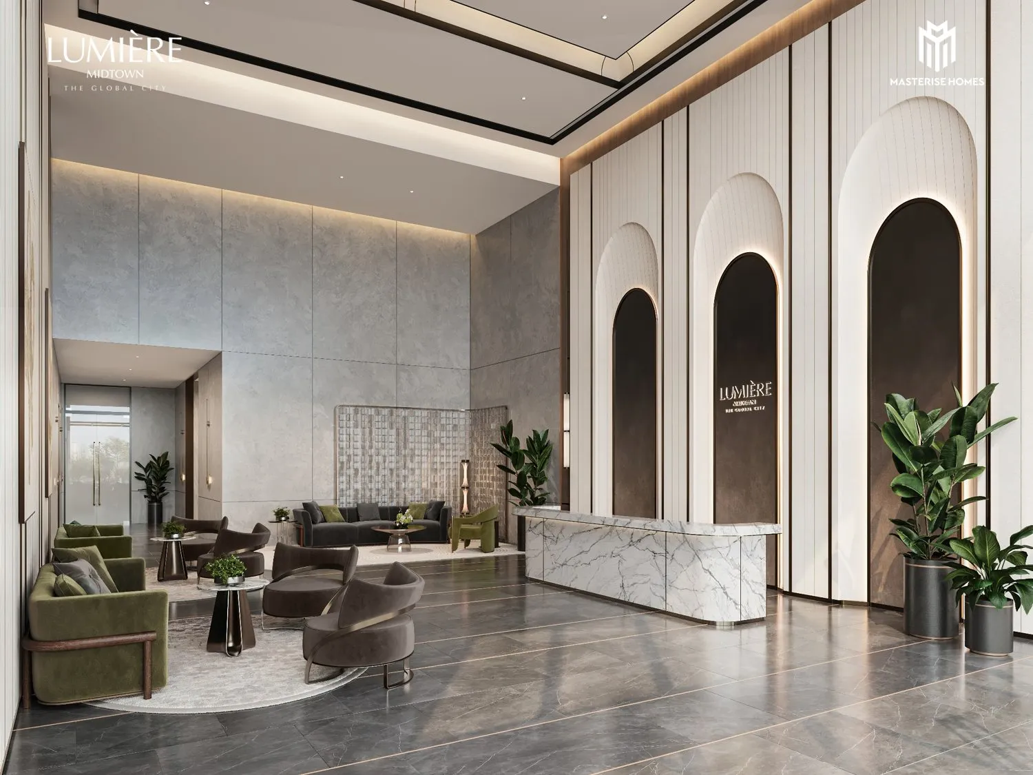Sảnh đón cư dân trần cao tại Lumière Midtown