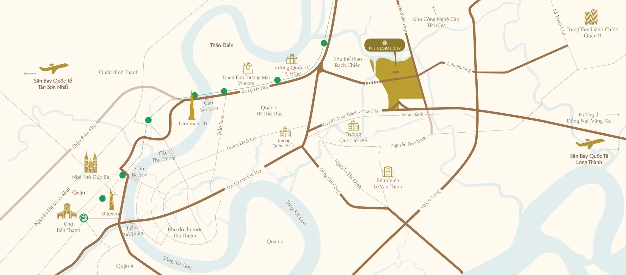Bản đồ kết nối The Global City tới Thảo Điền, Thủ Thiêm, trung tâm TP.HCM và hai sân bay