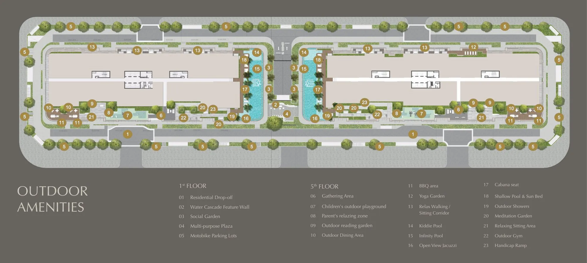 Mặt bằng tiện ích ngoài trời tầng 1 và tầng 5 Lumière Midtown