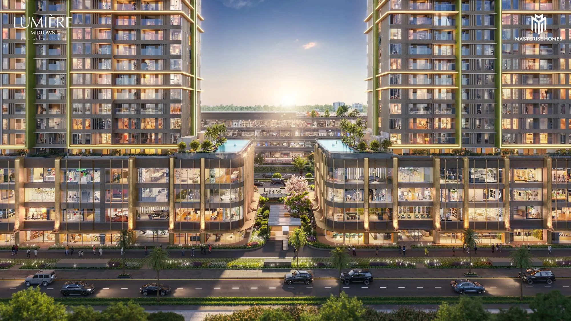 Khối đế Lumière Midtown và Sky Garden lúc chiều tối