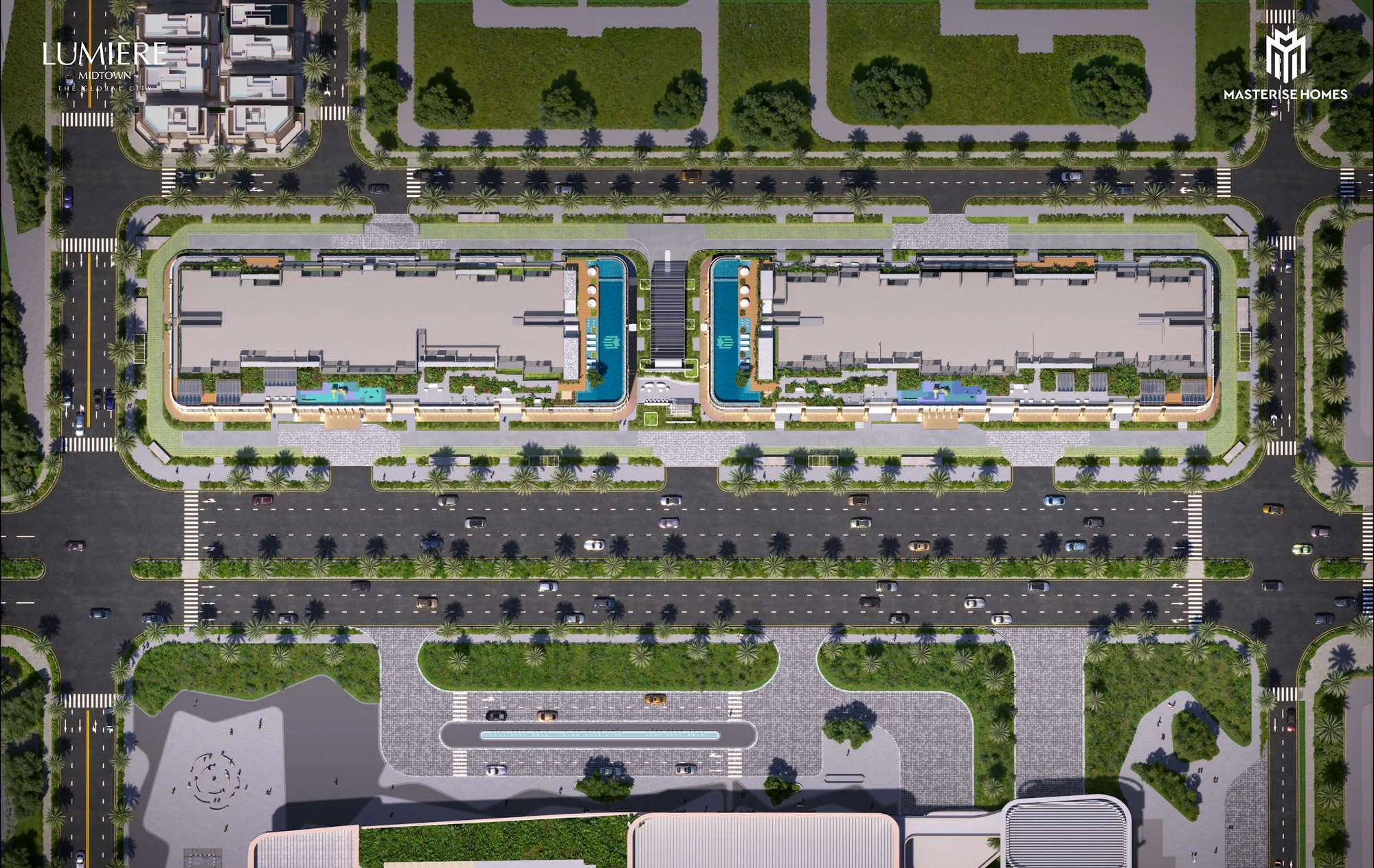 Mặt bằng tổng thể Lumière Midtown nhìn từ trên cao với hai tòa A, B và hồ bơi Sky Garden