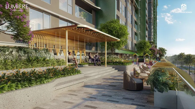 Lối dạo và cây xanh tại Sky Garden tầng 5