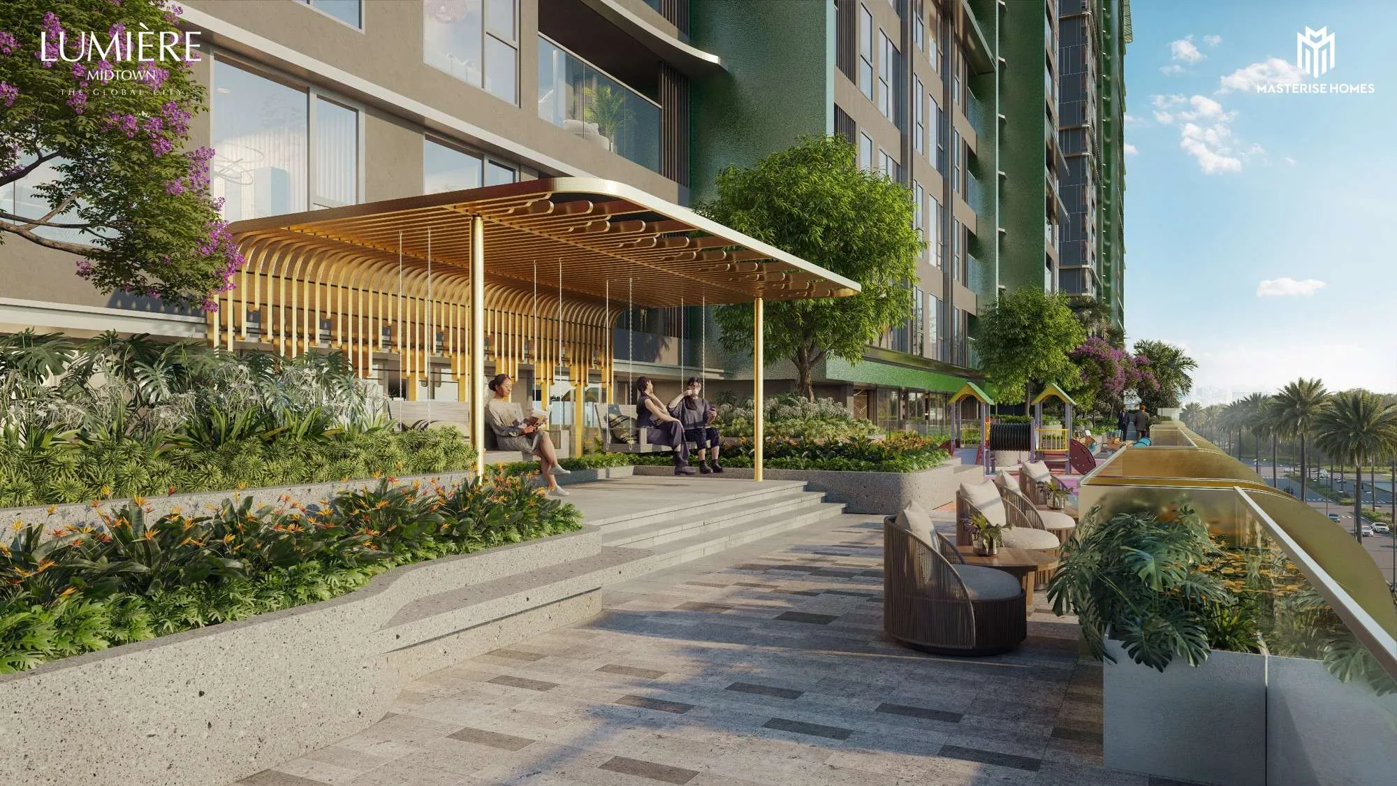 Sky Garden tầng 5 Lumière Midtown với lối dạo và cây xanh
