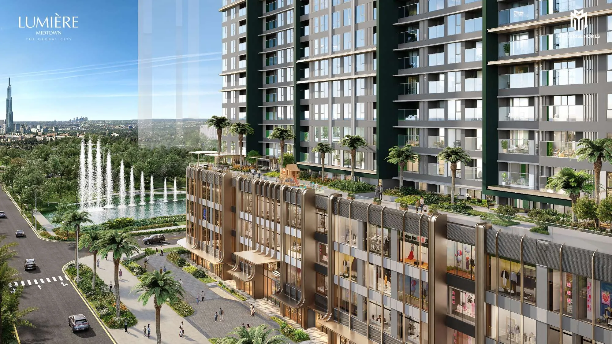 Mặt tiền Lumière Midtown với đài phun nước và đại lộ