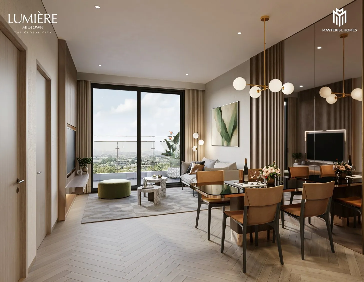 Phối cảnh phòng khách – bếp căn 1 phòng ngủ Lumière Midtown