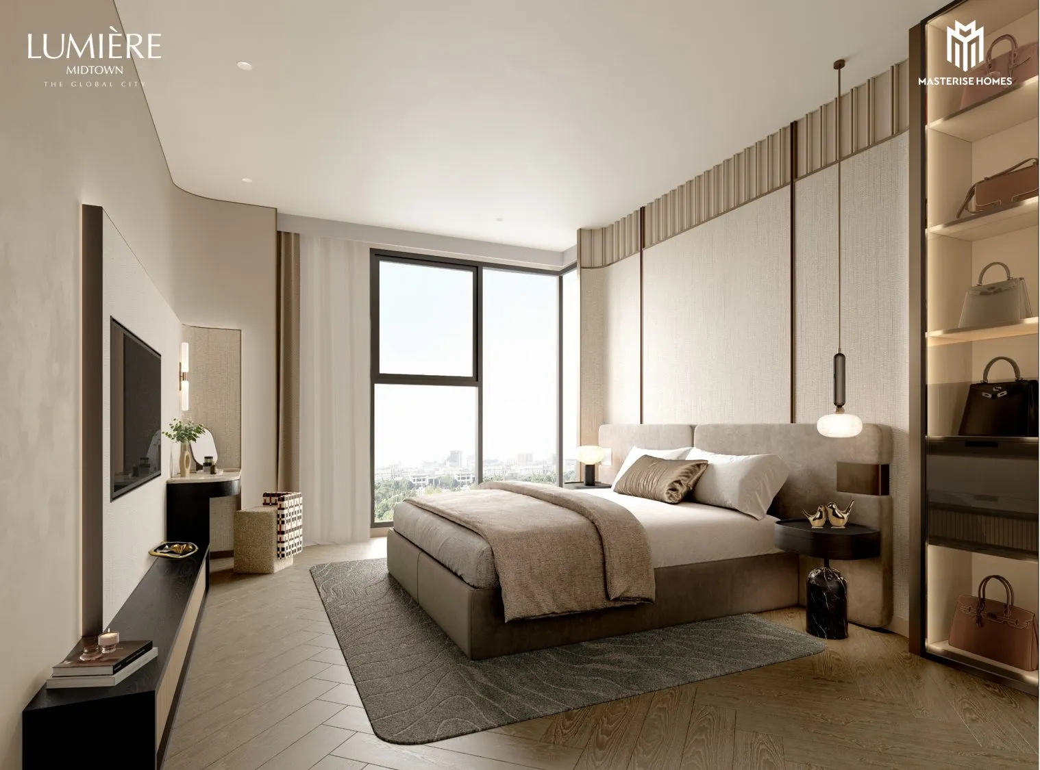 Phối cảnh phòng ngủ master căn hộ Lumière Midtown với cửa kính lớn